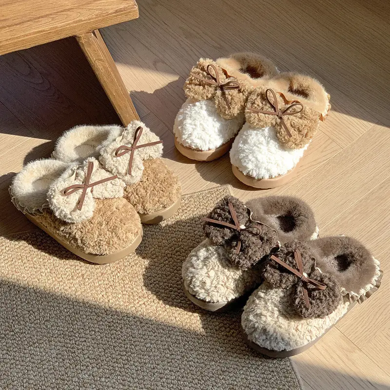 Plush Bow Cotton Slippers Women's Autumn and Winter 2024 New Indoor Home fleece-lined Warm Non-slip Thick Bottom Cotton Slippers - Image 5