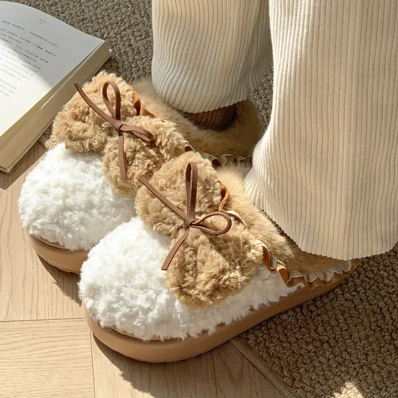 Plush Bow Cotton Slippers Women's Autumn and Winter 2024 New Indoor Home fleece-lined Warm Non-slip Thick Bottom Cotton Slippers - Image 6