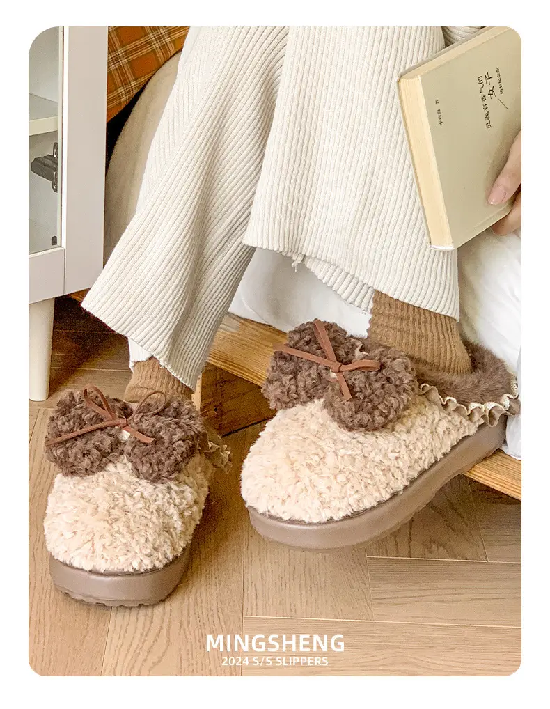 Plush Bow Cotton Slippers Women's Autumn and Winter 2024 New Indoor Home fleece-lined Warm Non-slip Thick Bottom Cotton Slippers — feature 10