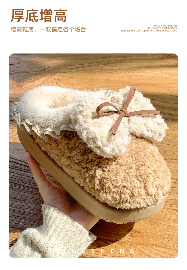 Plush Bow Cotton Slippers Women's Autumn and Winter 2024 New Indoor Home fleece-lined Warm Non-slip Thick Bottom Cotton Slippers — feature 13