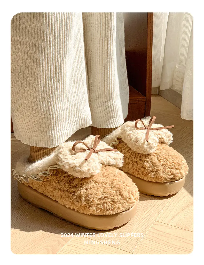 Plush Bow Cotton Slippers Women's Autumn and Winter 2024 New Indoor Home fleece-lined Warm Non-slip Thick Bottom Cotton Slippers — feature 6