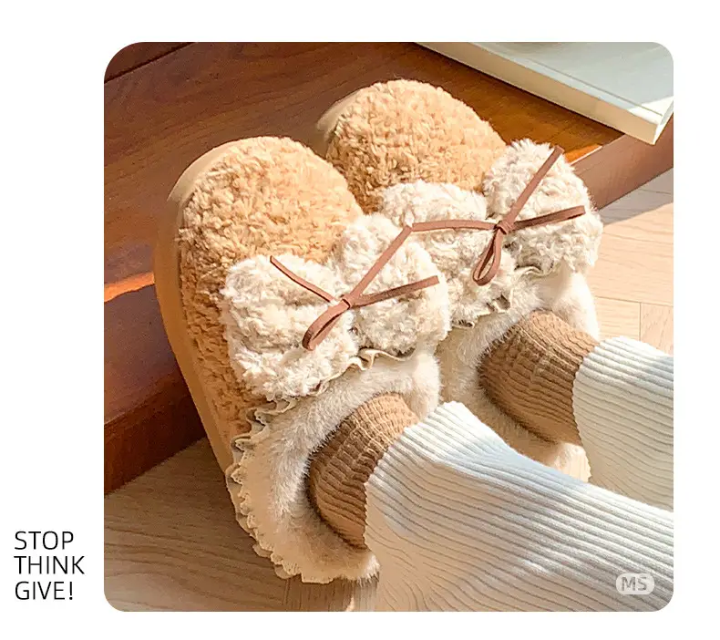Plush Bow Cotton Slippers Women's Autumn and Winter 2024 New Indoor Home fleece-lined Warm Non-slip Thick Bottom Cotton Slippers — feature 7