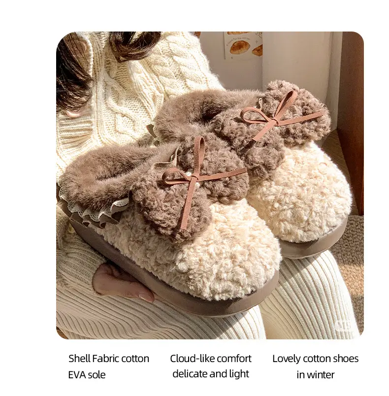 Plush Bow Cotton Slippers Women's Autumn and Winter 2024 New Indoor Home fleece-lined Warm Non-slip Thick Bottom Cotton Slippers — feature 9