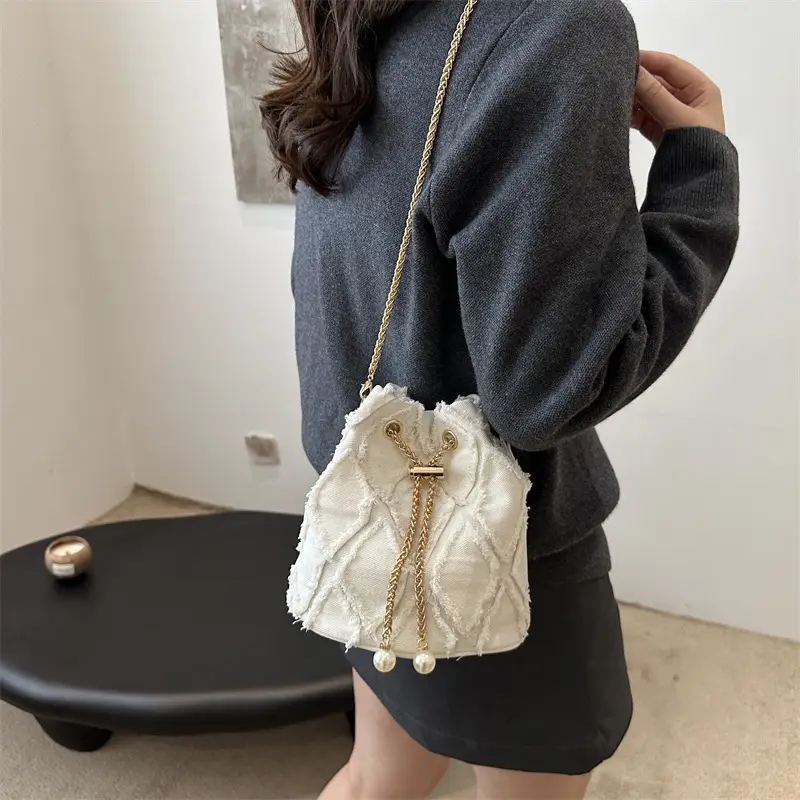Black Drawstring Tassel Shoulder Bag for Women