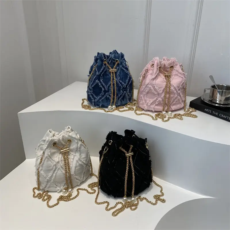 Black Drawstring Tassel Shoulder Bag for Women