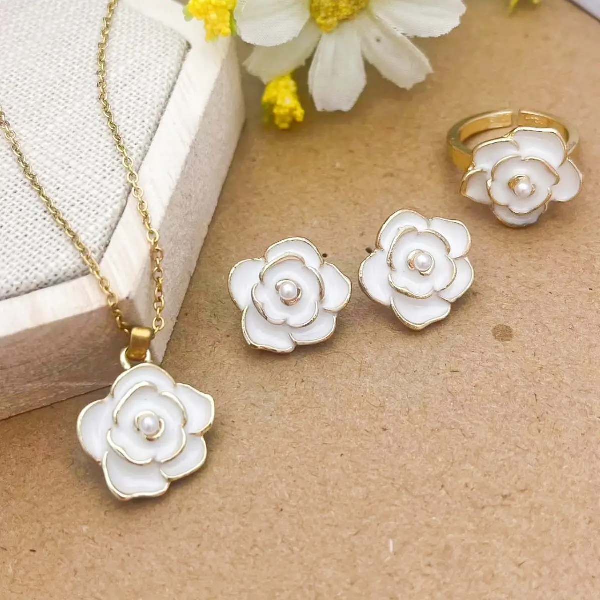 Blue Pearl Camellia Necklace Earrings Ring Set