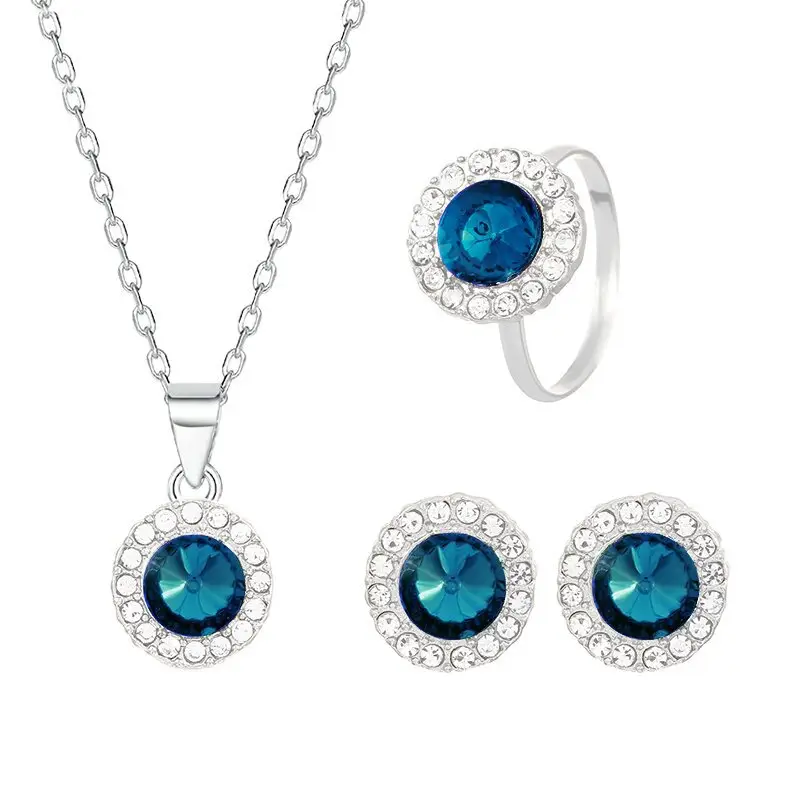 Blue Pearl Camellia Necklace Earrings Ring Set