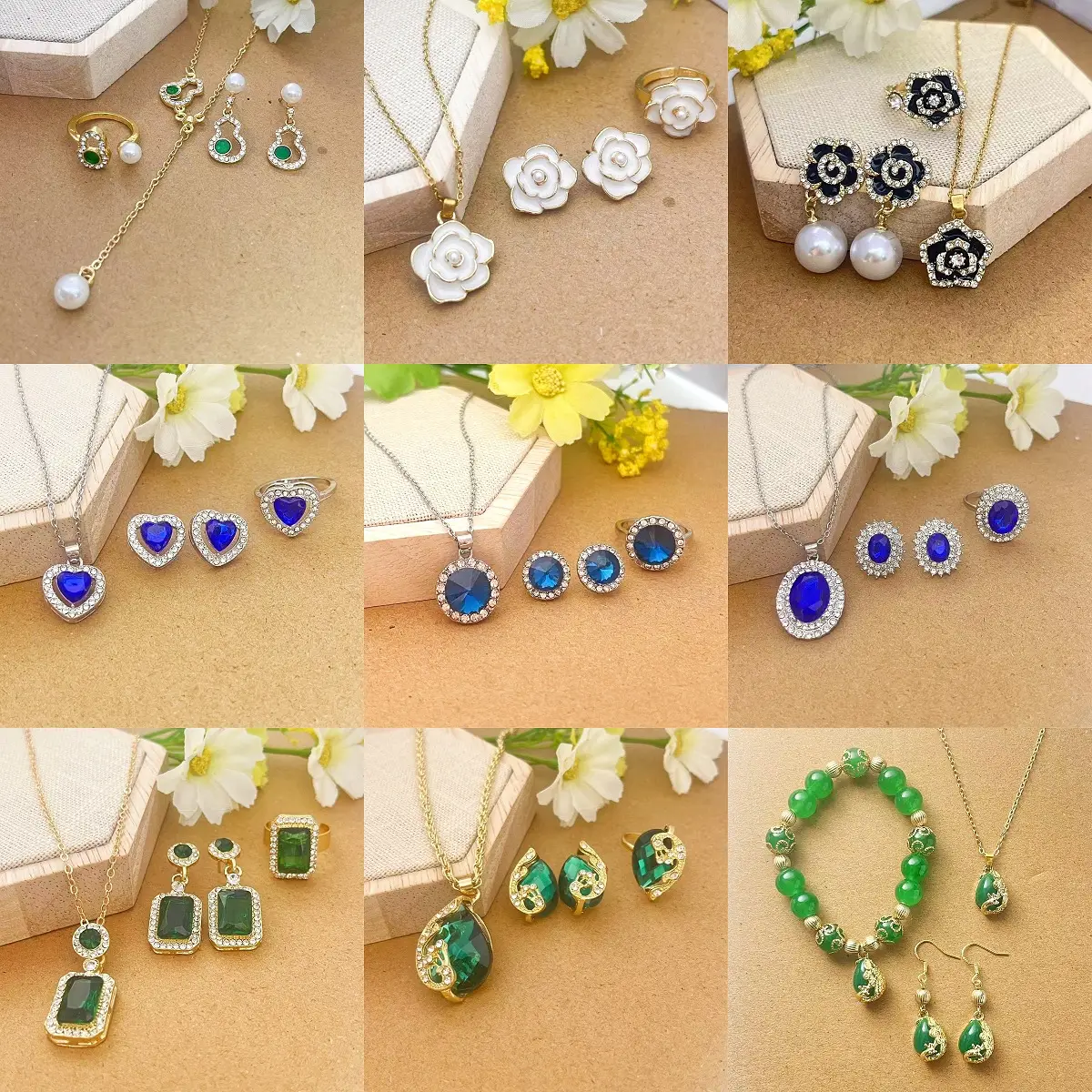 Blue Pearl Camellia Necklace Earrings Ring Set — feature 1