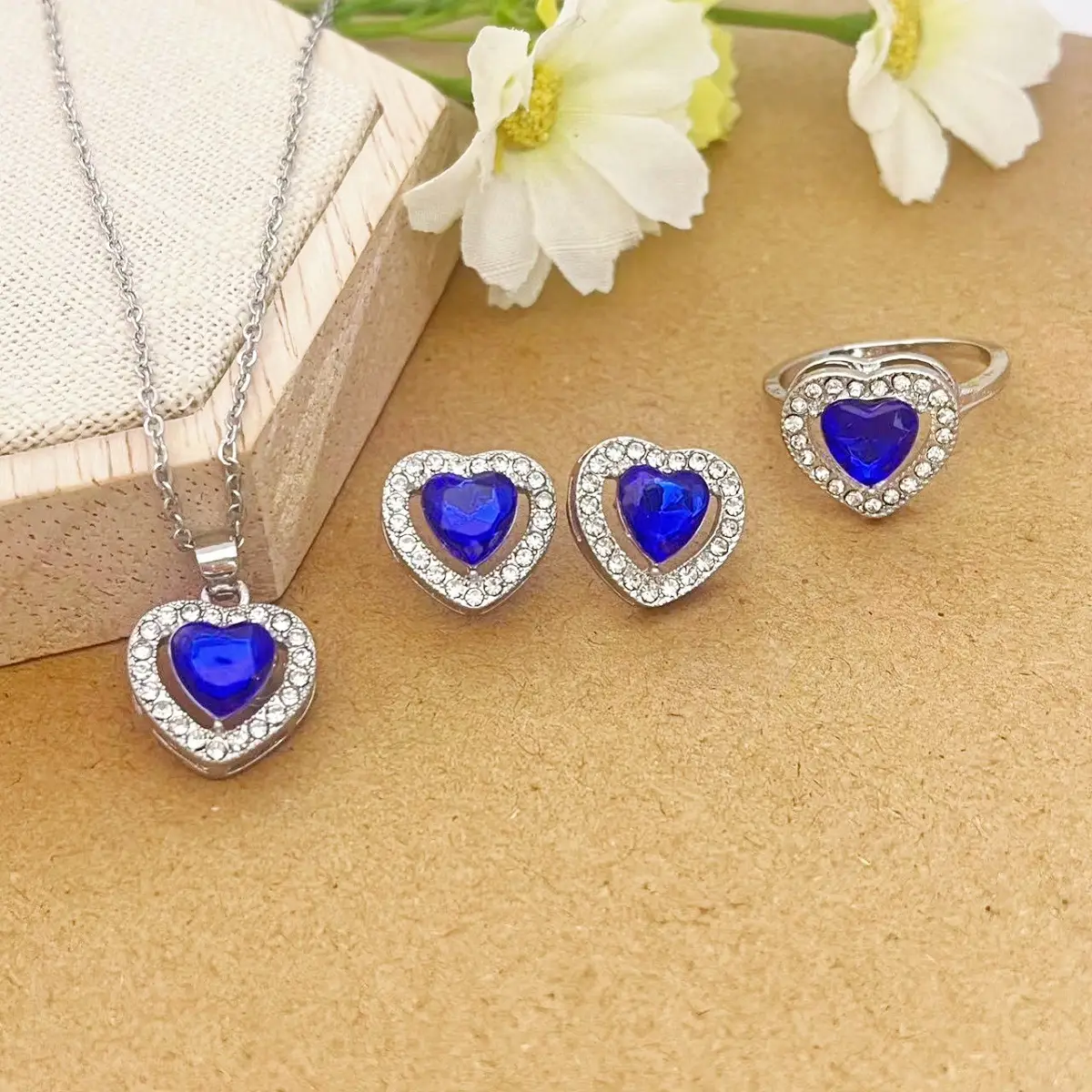 Blue Pearl Camellia Necklace Earrings Ring Set — feature 5