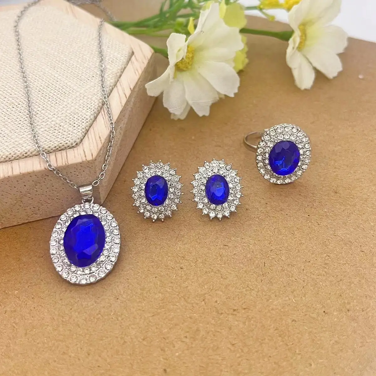 Blue Pearl Camellia Necklace Earrings Ring Set — feature 7