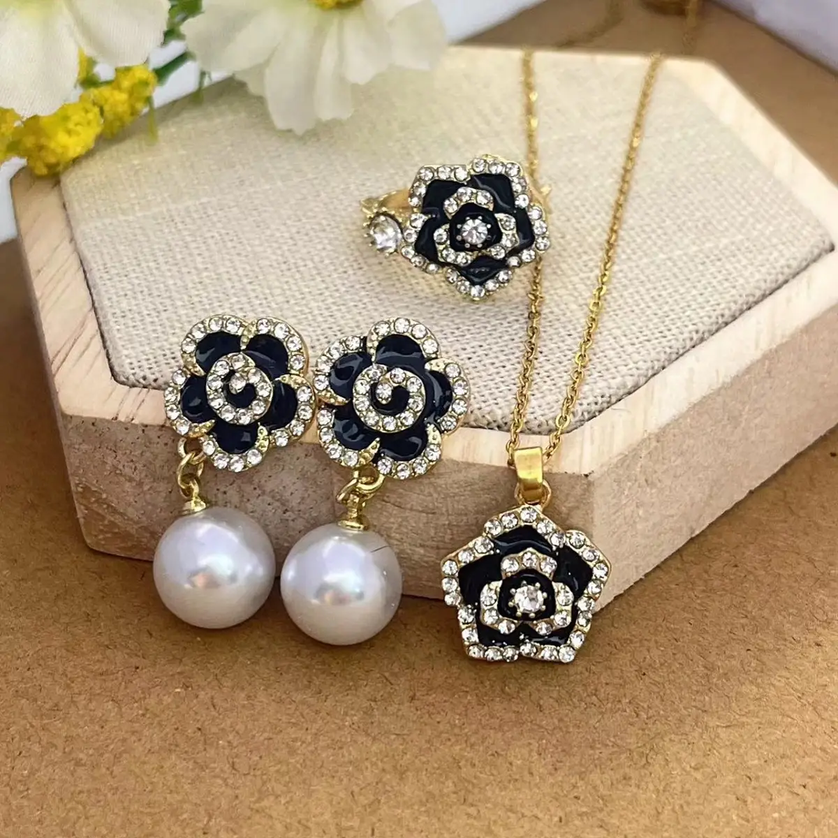Blue Pearl Camellia Necklace Earrings Ring Set — feature 8