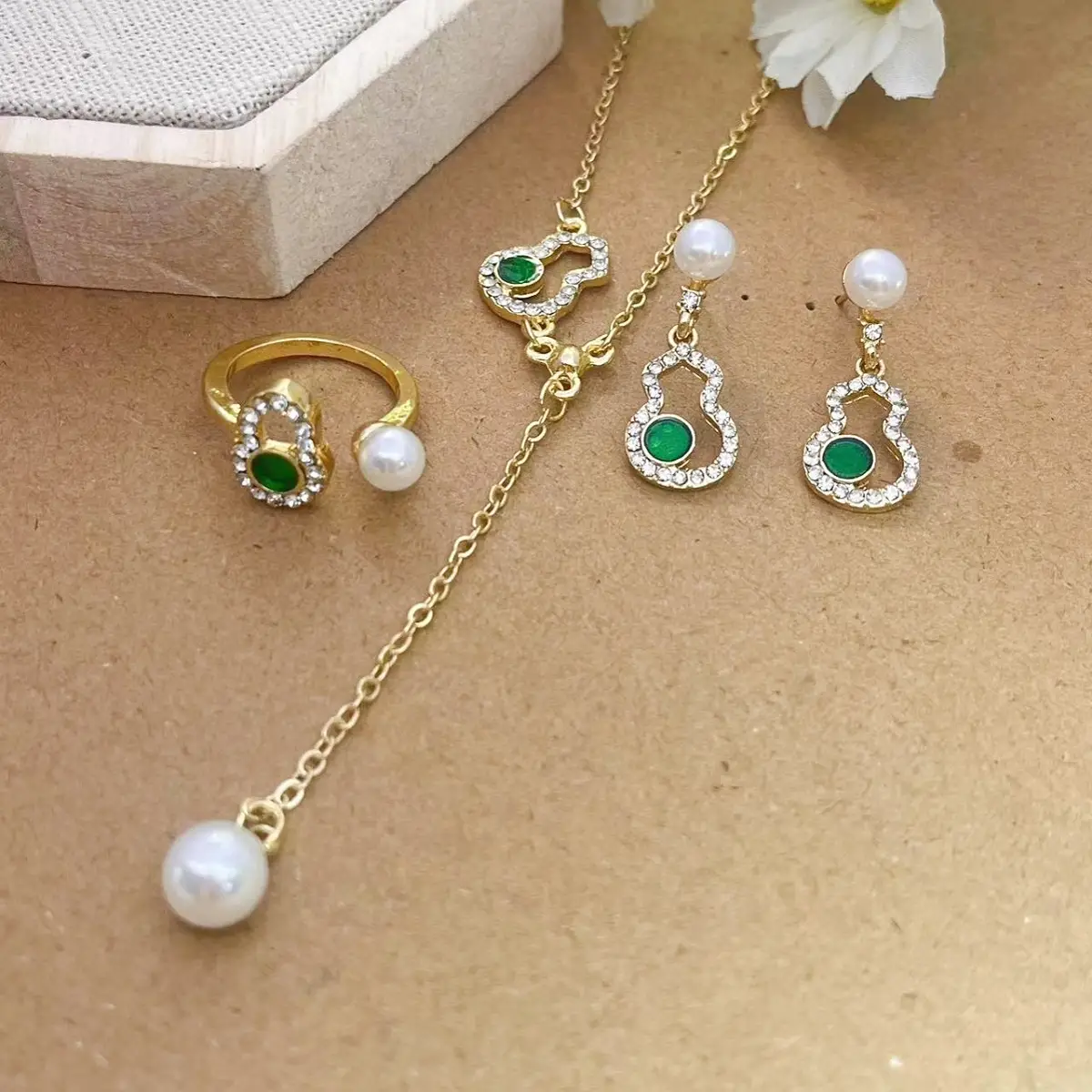 Blue Pearl Camellia Necklace Earrings Ring Set — feature 9