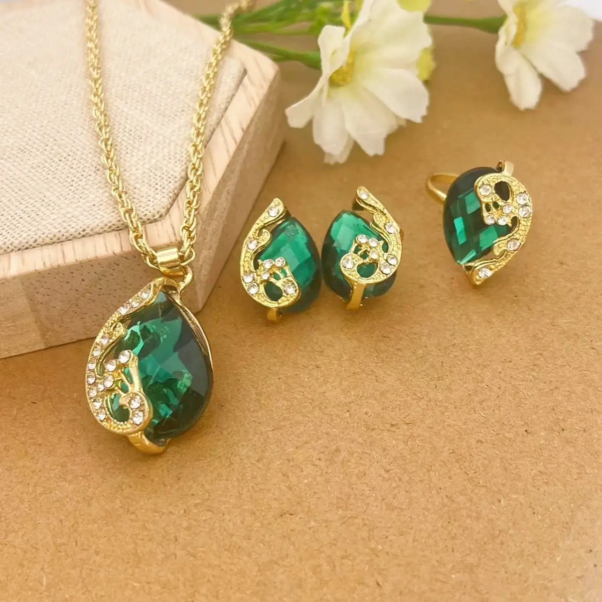 Blue Pearl Camellia Necklace Earrings Ring Set