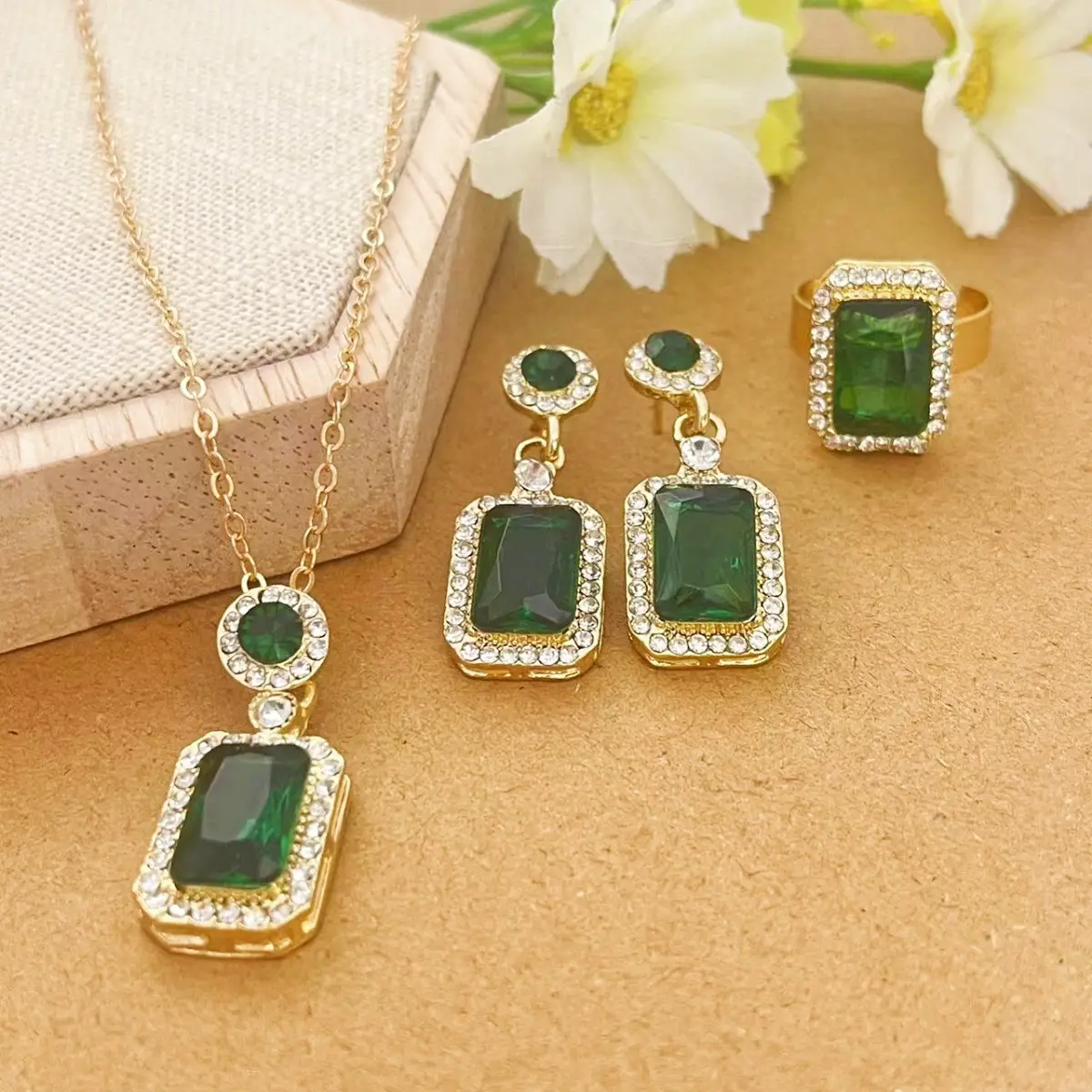 Blue Pearl Camellia Necklace Earrings Ring Set