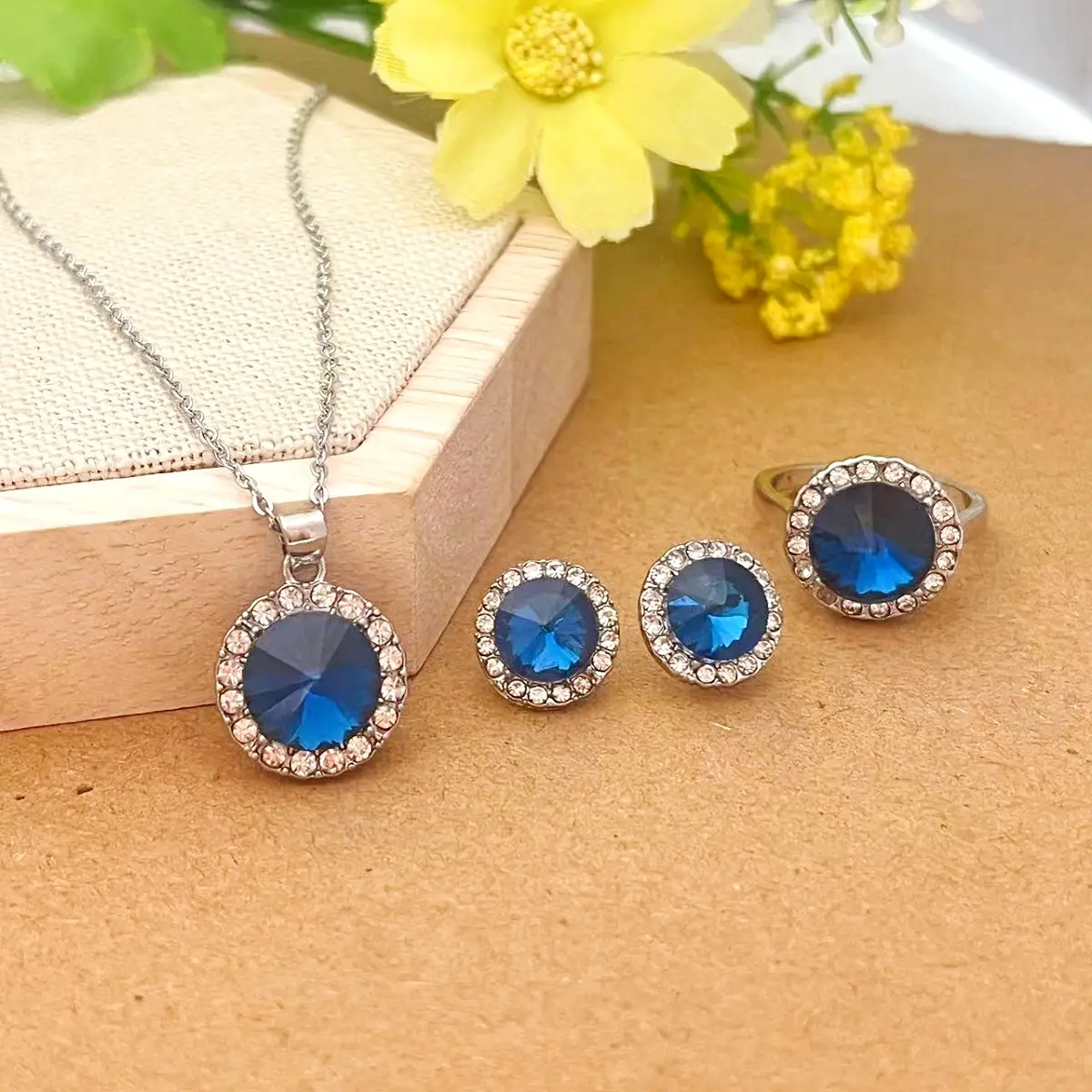Blue Pearl Camellia Necklace Earrings Ring Set