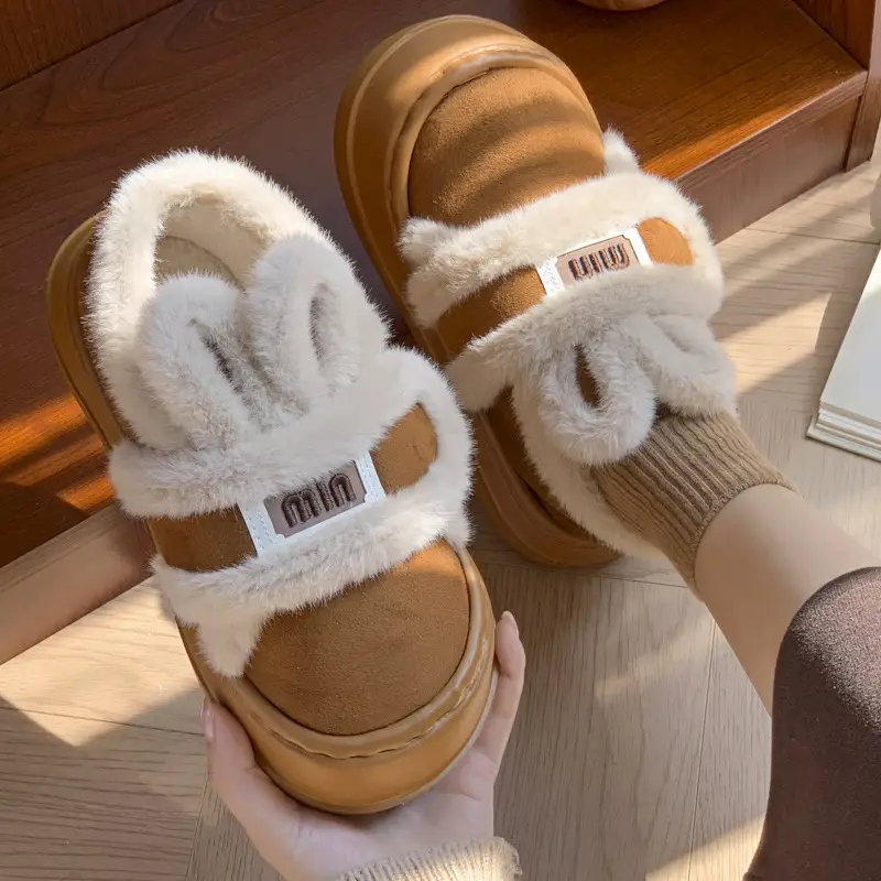 Thick-Soled Outdoor Cotton Shoes for Women, Winter Fleece-Lined Warm Magic Tape Height-Increasing Cotton Slippers, Cartoon Rabbit Shoes - Image 4