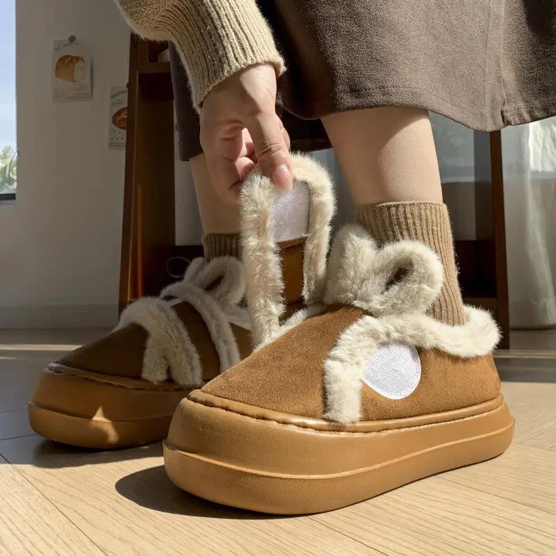 Thick-Soled Outdoor Cotton Shoes for Women, Winter Fleece-Lined Warm Magic Tape Height-Increasing Cotton Slippers, Cartoon Rabbit Shoes - Image 5