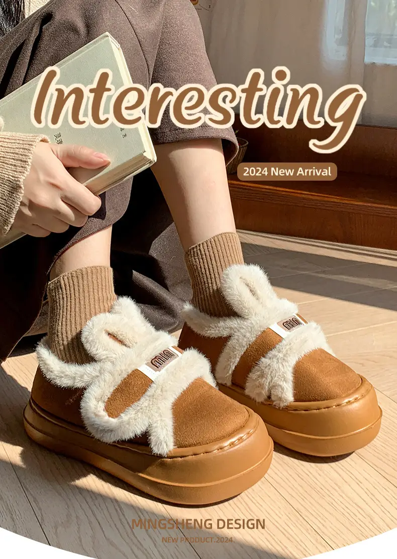 Thick-Soled Outdoor Cotton Shoes for Women, Winter Fleece-Lined Warm Magic Tape Height-Increasing Cotton Slippers, Cartoon Rabbit Shoes — feature 1
