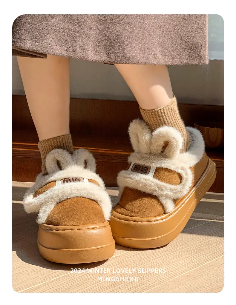 Thick-Soled Outdoor Cotton Shoes for Women, Winter Fleece-Lined Warm Magic Tape Height-Increasing Cotton Slippers, Cartoon Rabbit Shoes — feature 6