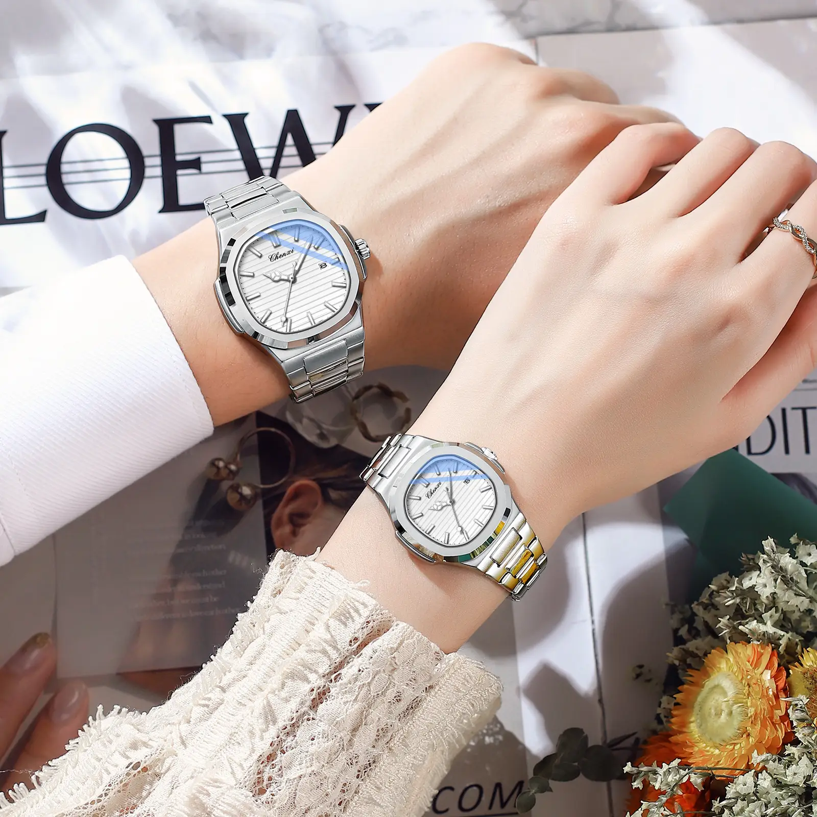 Chenai Couple Watches Silver Band Luminous Blue Quartz - Image 22