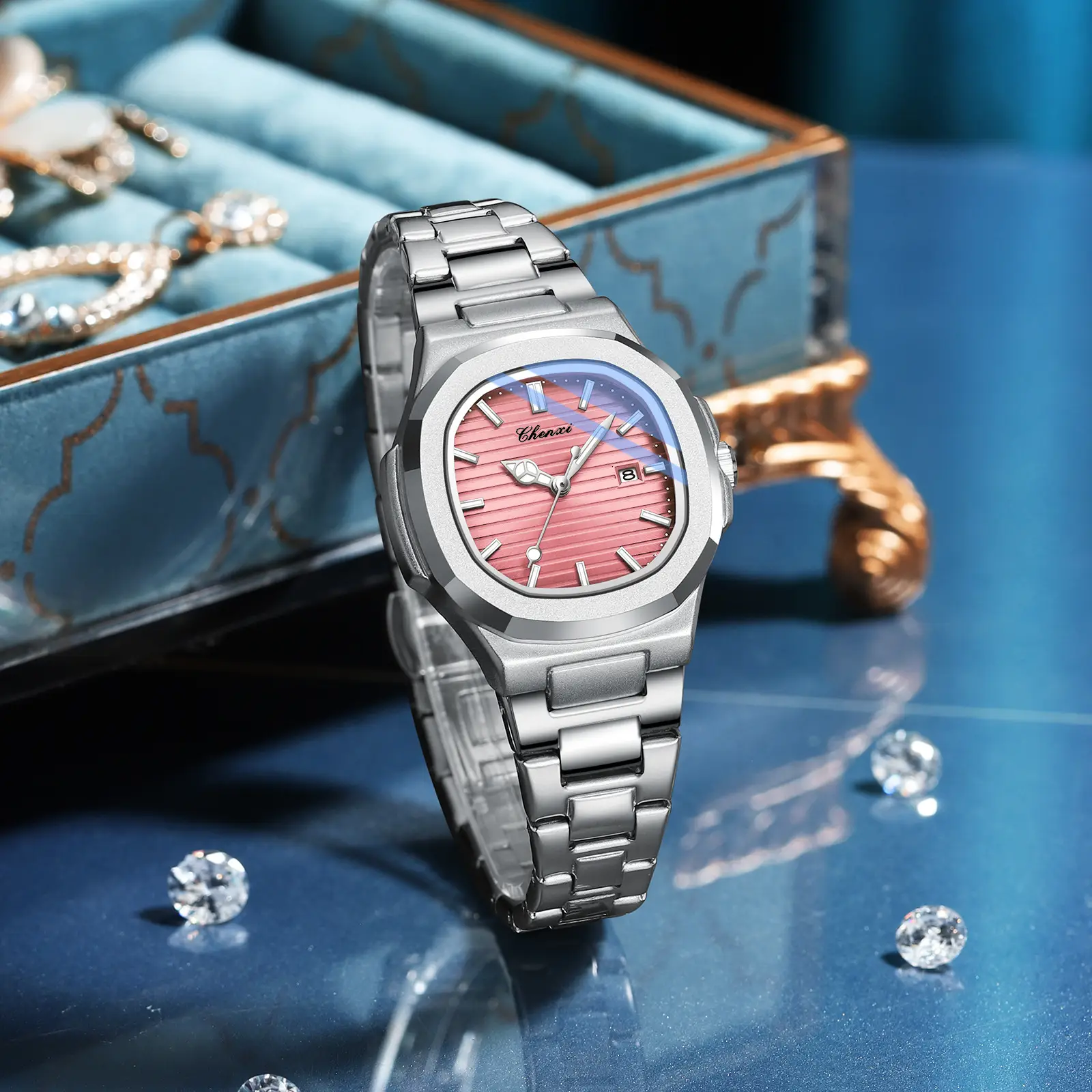 Chenai Couple Watches Silver Band Luminous Blue Quartz - Image 23