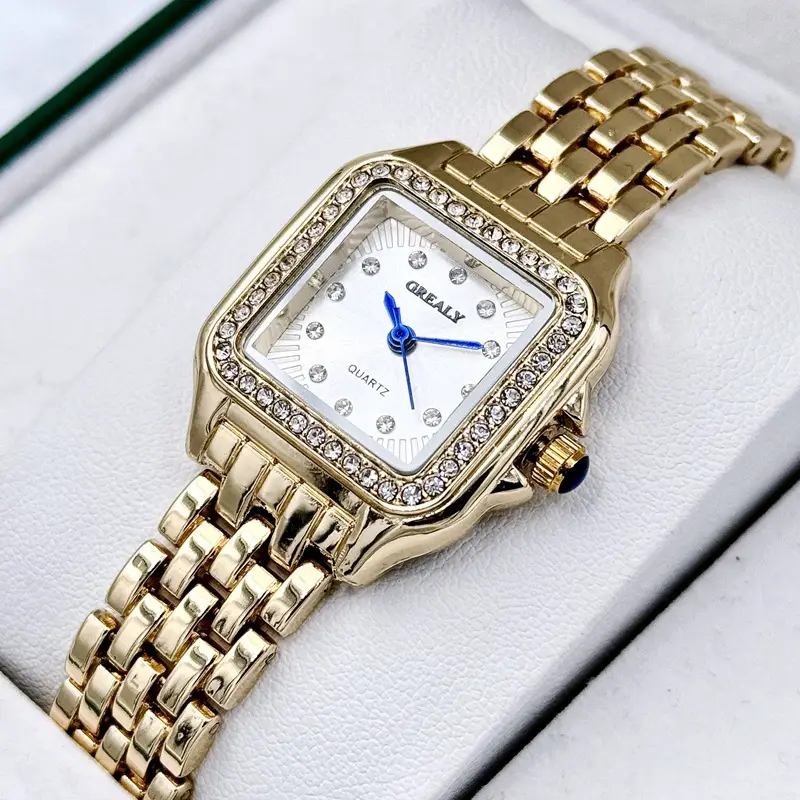 Gold Square Watch with Diamond Band for Women - Image 6
