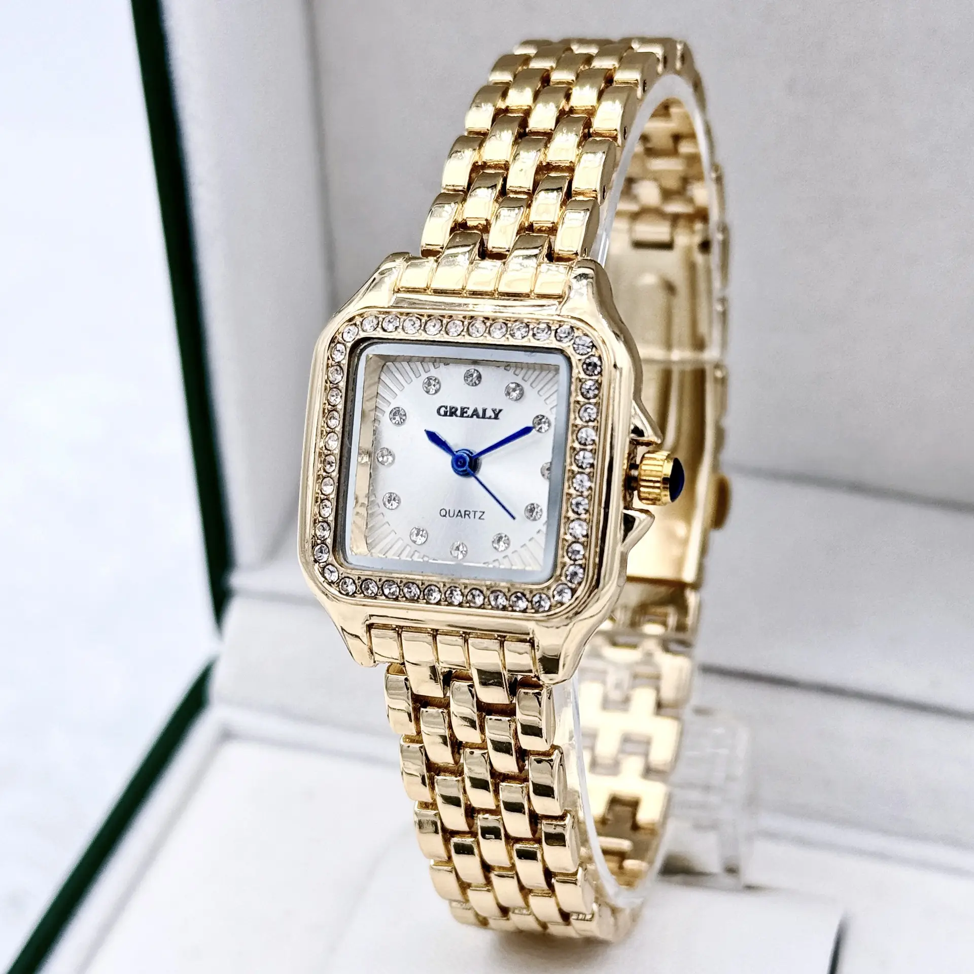 Gold Square Watch with Diamond Band for Women — feature 3