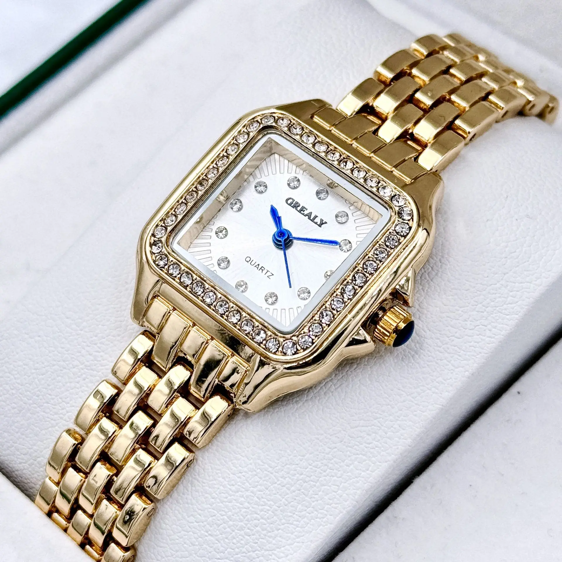 Gold Square Watch with Diamond Band for Women — feature 4