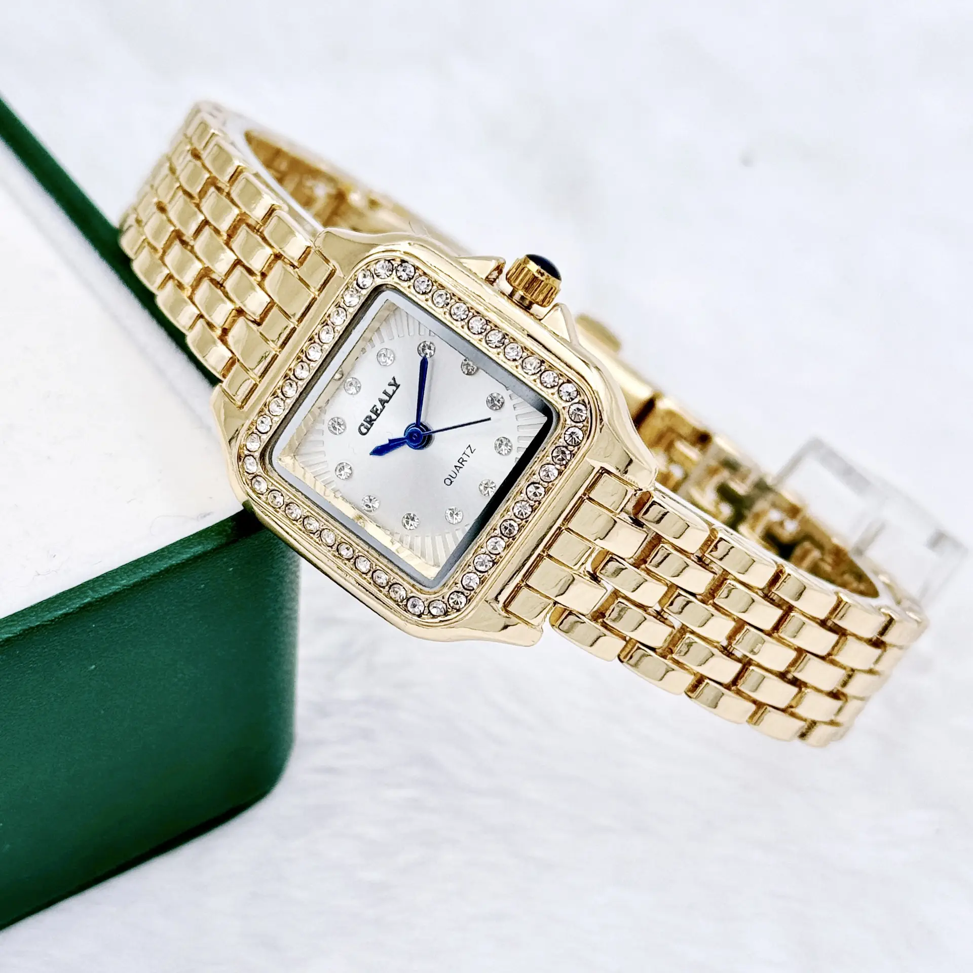 Gold Square Watch with Diamond Band for Women — feature 5