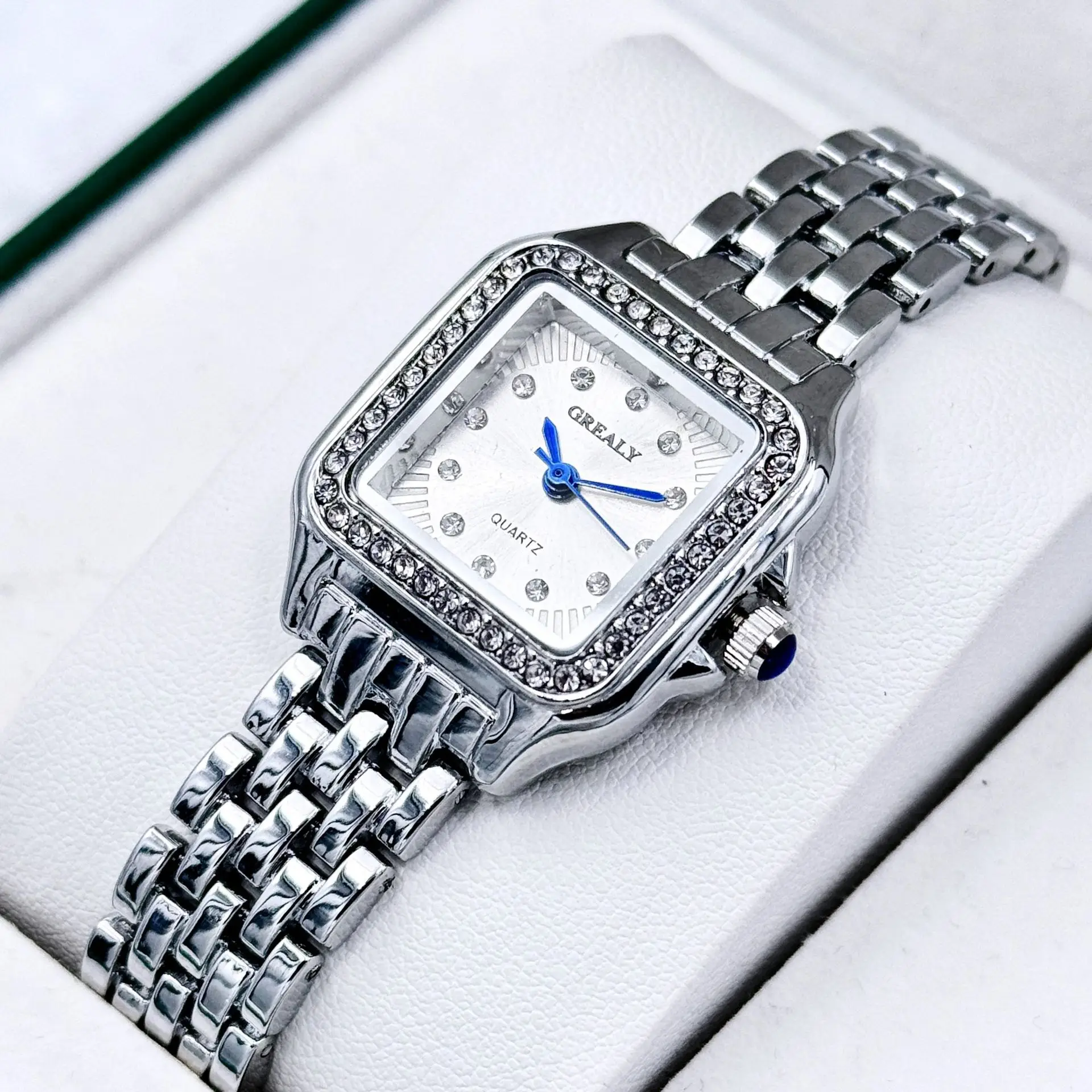 Gold Square Watch with Diamond Band for Women - Image 2