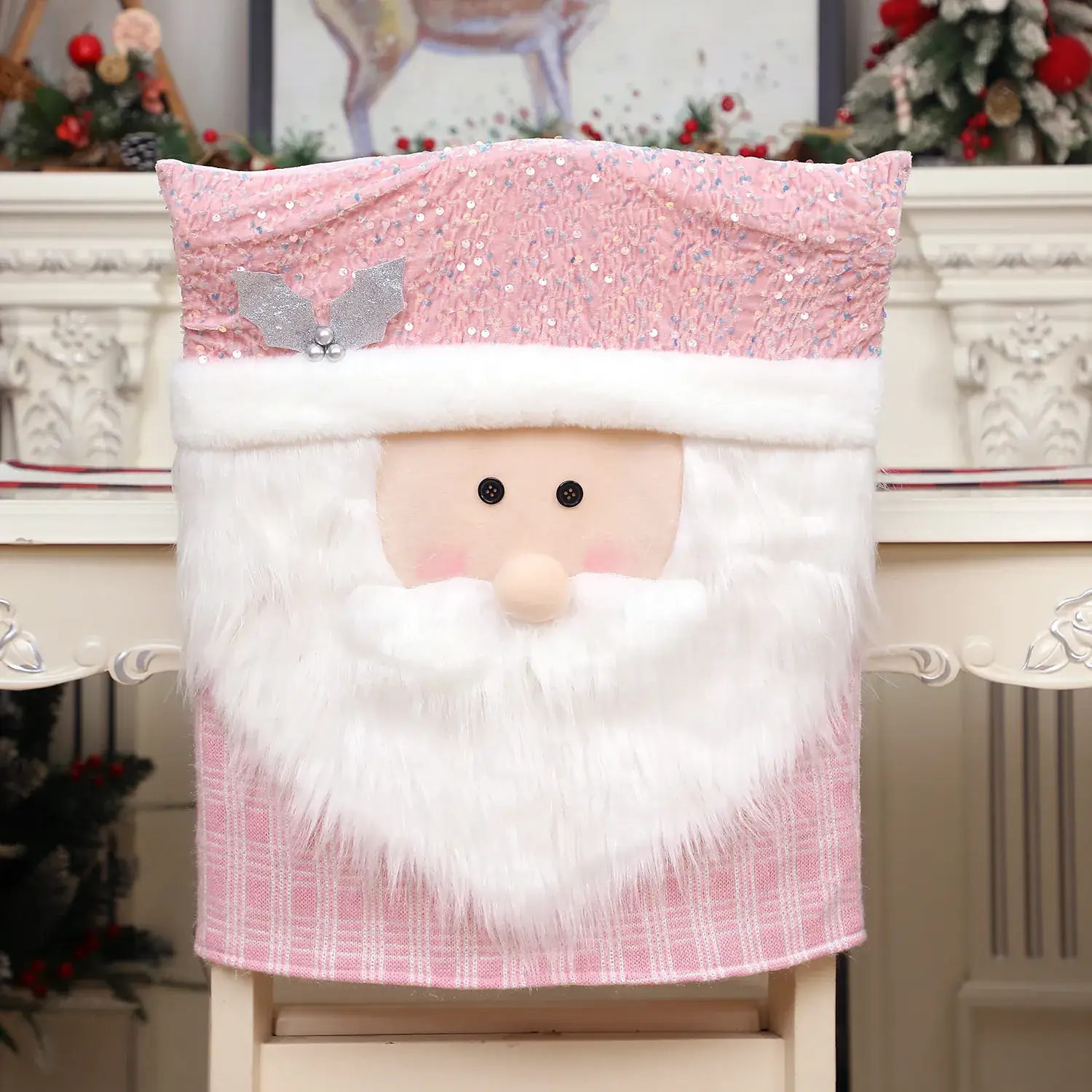 Pink Santa Doll Chair Cover with Faux Fur and Glitter
