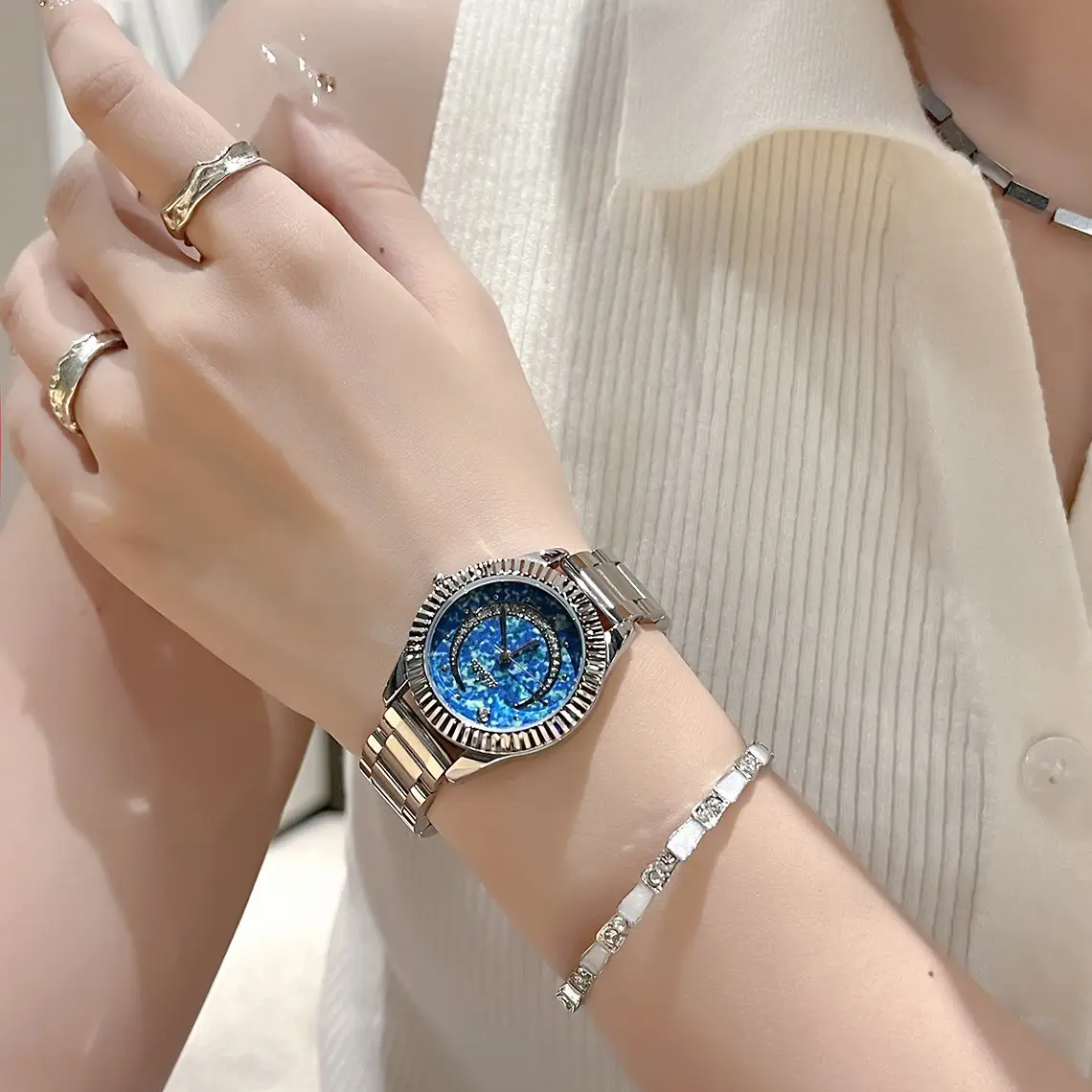 Women's Blue Starry Sky Moon Watch with Crystal Dial - Image 5