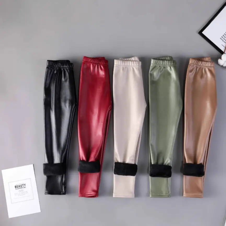 Children's imitation leather pants autumn and winter new children's fleece-lined warm pants girls one velvet slim pants factory direct sales