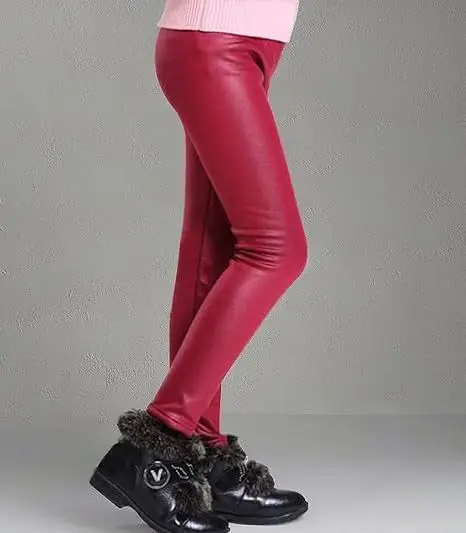 Children's imitation leather pants autumn and winter new children's fleece-lined warm pants girls one velvet slim pants factory direct sales — feature 11