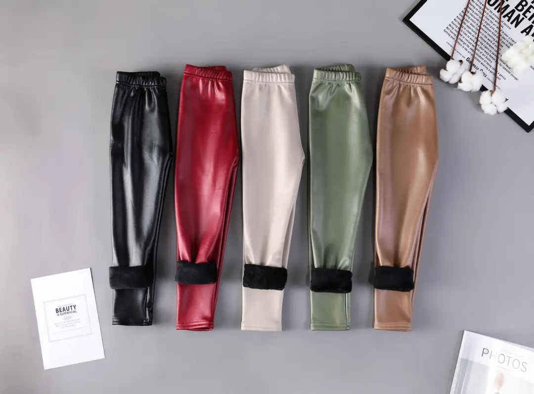 Children's imitation leather pants autumn and winter new children's fleece-lined warm pants girls one velvet slim pants factory direct sales — feature 5