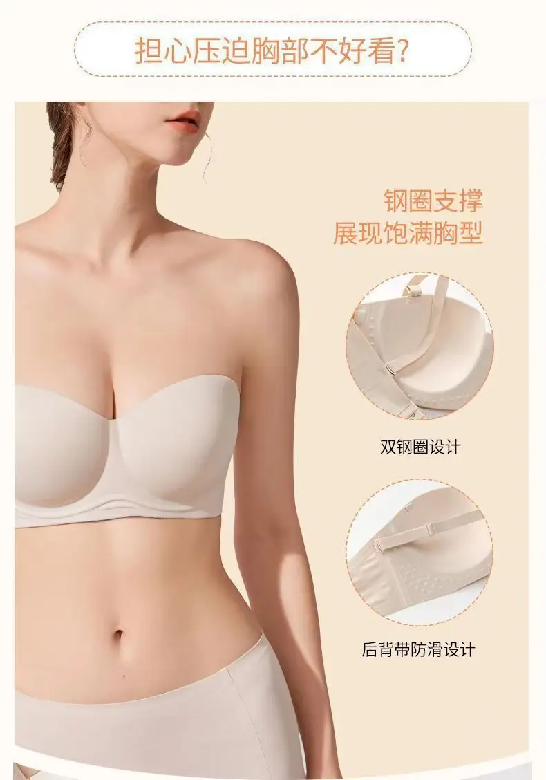 Strapless Underwear Women's Large Chest Small Non-slip Thin Traceless plus size Bra Upper Anti-sagging Off-shoulder Tube-top Bra — feature 5