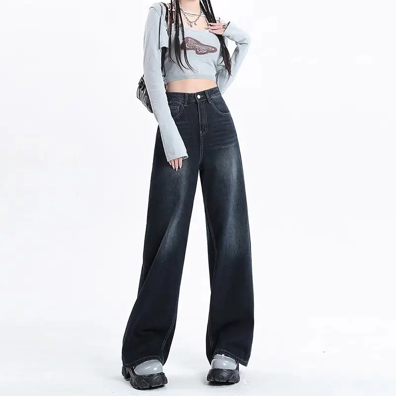Dark Blue Wide Leg Jeans Women 2024 High Waist Straight Mop Pants
