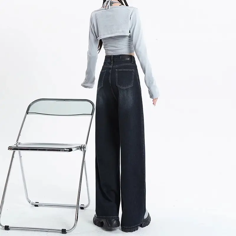 Dark Blue Wide Leg Jeans Women 2024 High Waist Straight Mop Pants