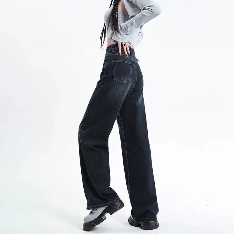 Dark Blue Wide Leg Jeans Women 2024 High Waist Straight Mop Pants
