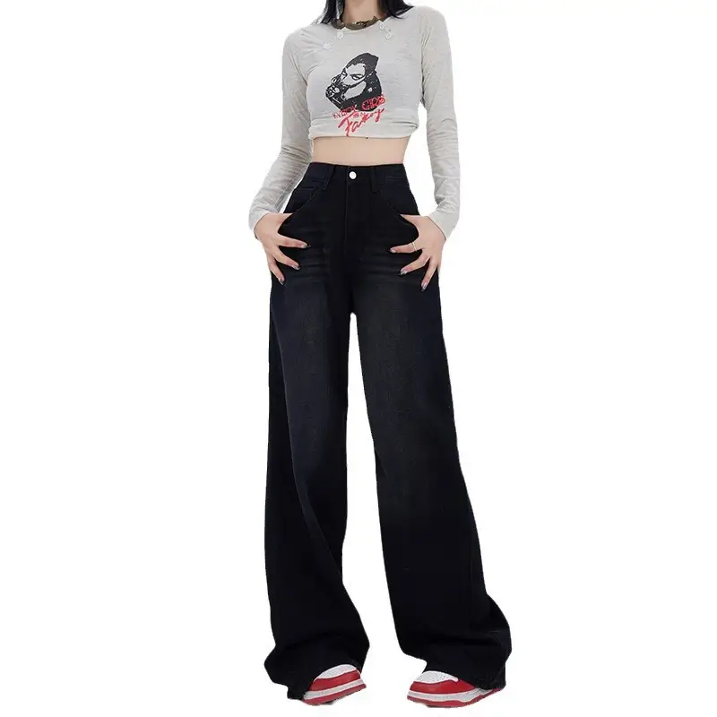 Dark Blue Wide Leg Jeans Women 2024 High Waist Straight Mop Pants