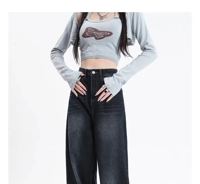 Dark Blue Wide Leg Jeans Women 2024 High Waist Straight Mop Pants — feature 12
