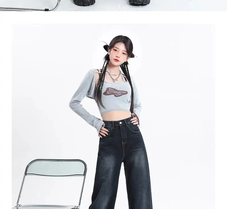 Dark Blue Wide Leg Jeans Women 2024 High Waist Straight Mop Pants — feature 21