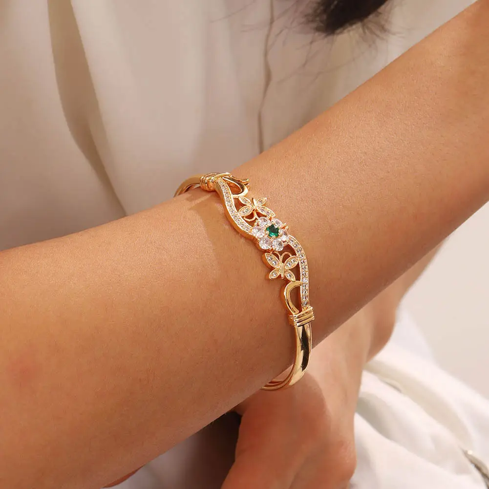 Hollow Butterfly Bracelet with Diamond & Green Stones - Image 3