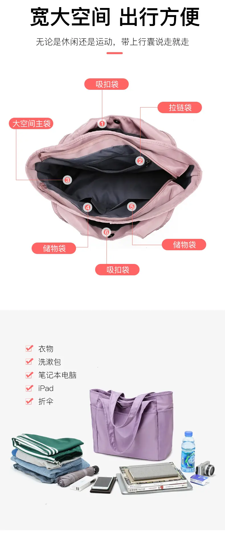 Women's Grey Oxford Tote Bag with 5 Pockets — feature 6