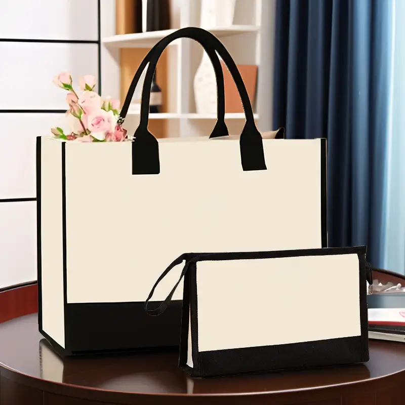 Canvas Shoulder Bag & Cosmetic Case Set Yellow - Image 2