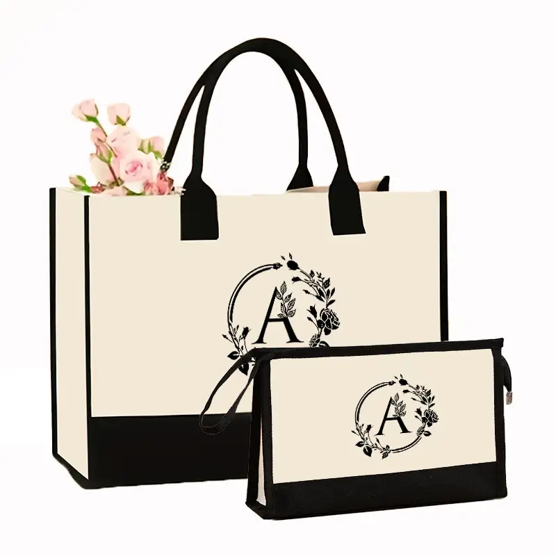 Canvas Shoulder Bag & Cosmetic Case Set Yellow - Image 61