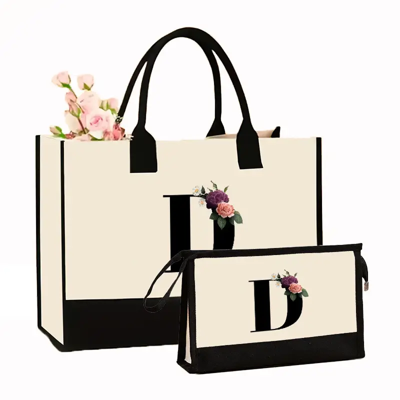 Canvas Shoulder Bag & Cosmetic Case Set Yellow - Image 10