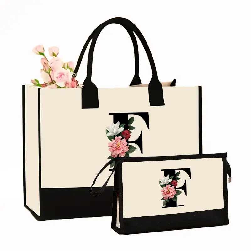 Canvas Shoulder Bag & Cosmetic Case Set Yellow - Image 12