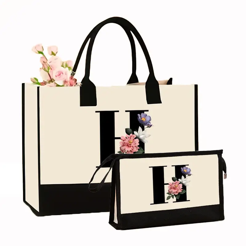 Canvas Shoulder Bag & Cosmetic Case Set Yellow - Image 14