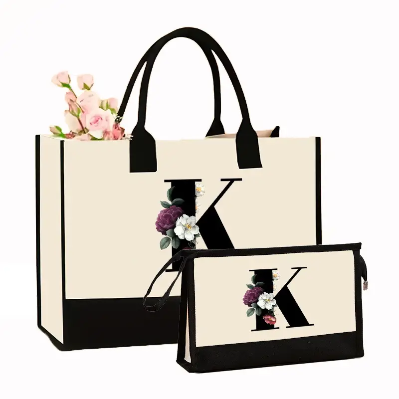 Canvas Shoulder Bag & Cosmetic Case Set Yellow - Image 17